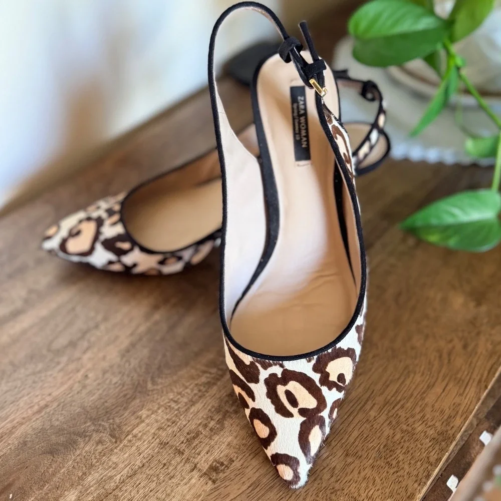 Zara Woman Slingback Heels Womens 38 Leopard Print Calf Hair Kitten Heel Pointed